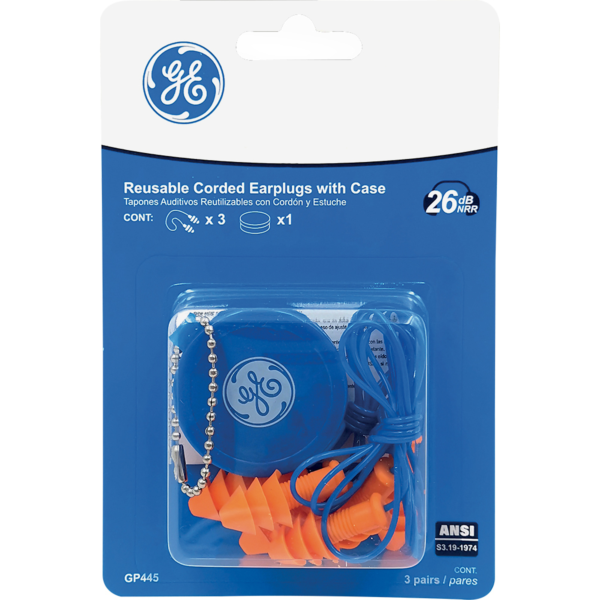 General Electric, 26 dB Corded Reusable Earplug with Case (3 Pairs), Noise Reduction Rating 26 dB, Pairs Included (qty.) 3 Model# GP445